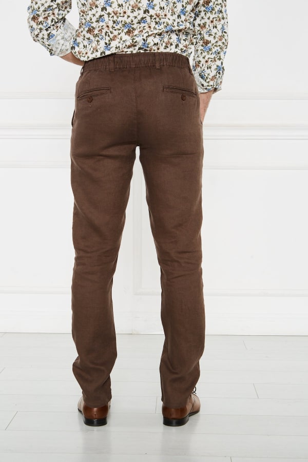 Erkek Lastikli Regular Fit %100 Keten Keten Kahve Pantolon — 7