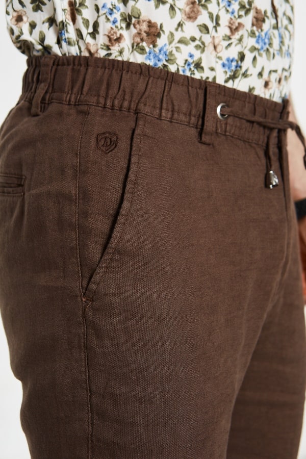 Erkek Lastikli Regular Fit %100 Keten Keten Kahve Pantolon — 8
