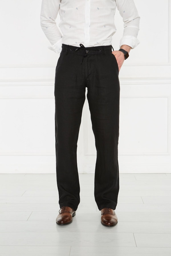 Erkek Lastikli Regular Fit %100 Keten Keten Siyah Pantolon — 1