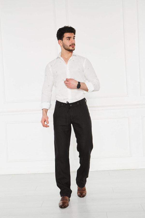 Erkek Lastikli Regular Fit %100 Keten Keten Siyah Pantolon — 2