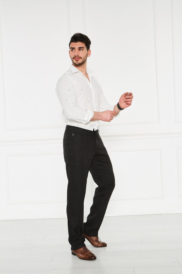 Erkek Lastikli Regular Fit %100 Keten Keten Siyah Pantolon — 3