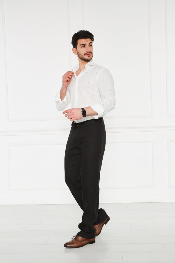 Erkek Lastikli Regular Fit %100 Keten Keten Siyah Pantolon — 4