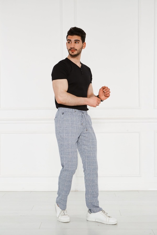 Erkek Lacivert Kareli Lastikli %100 Keten Pantolon — 3