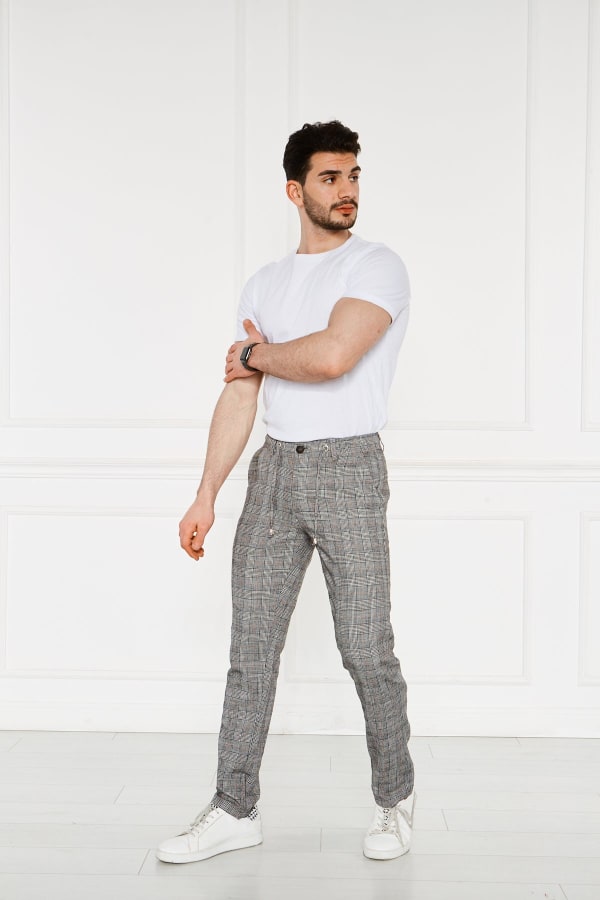 Erkek Siyah Kareli Lastikli %100 Keten Pantolon — 4