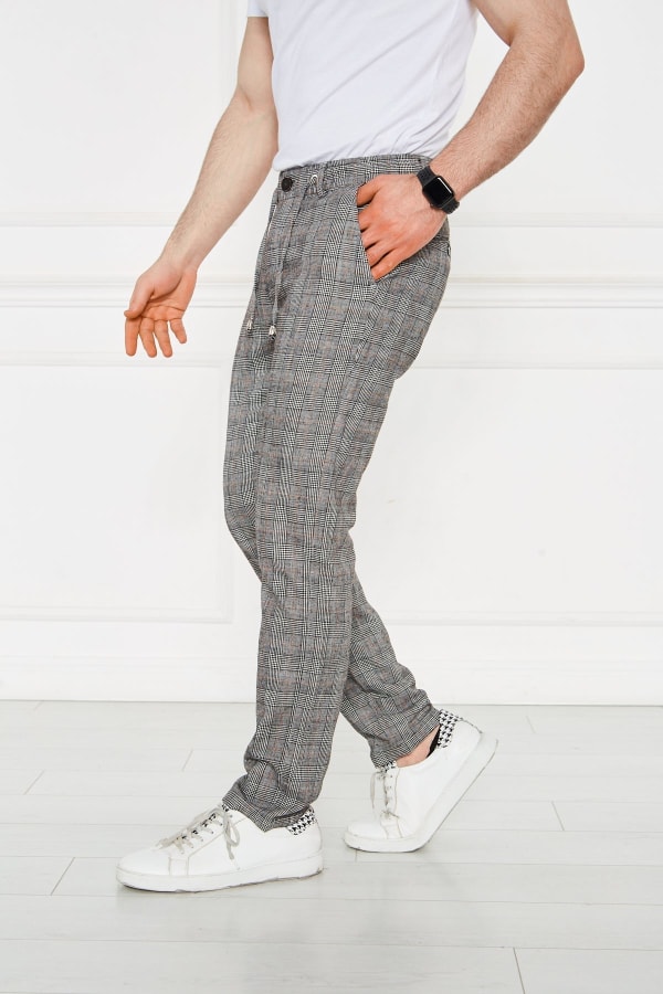 Erkek Siyah Kareli Lastikli %100 Keten Pantolon — 6