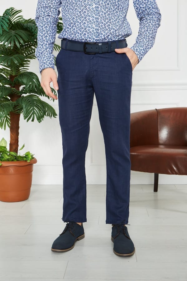 Erkek Düz Lacivert %100 Keten Slim Fit Pantolon — 1