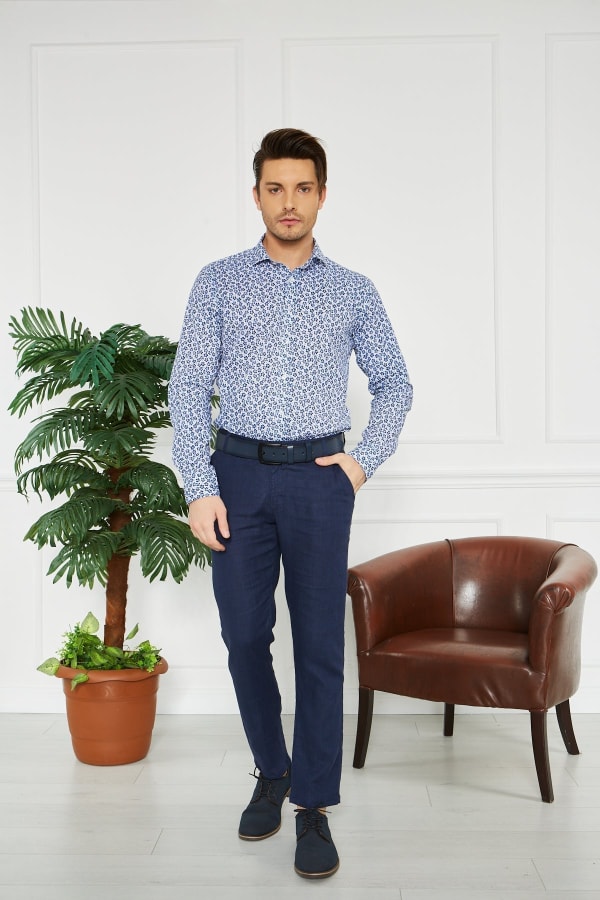 Erkek Düz Lacivert %100 Keten Slim Fit Pantolon — 2