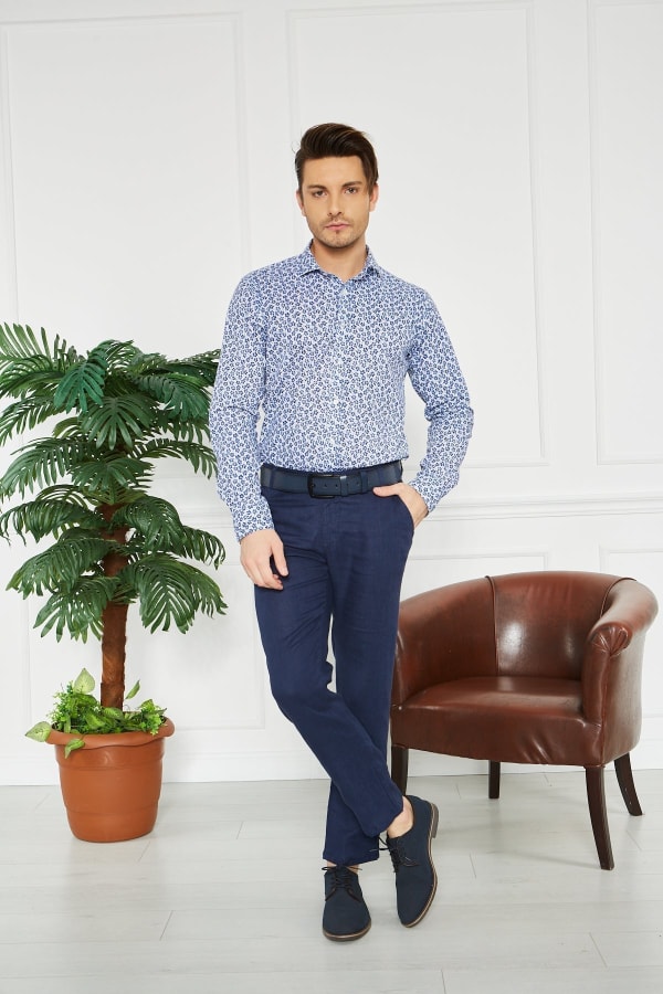 Erkek Düz Lacivert %100 Keten Slim Fit Pantolon — 3