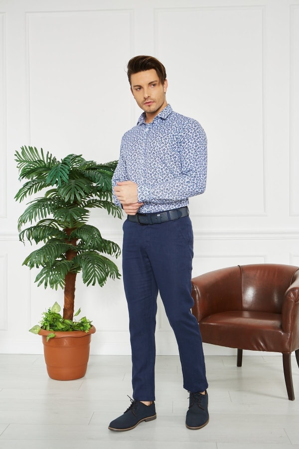 Erkek Düz Lacivert %100 Keten Slim Fit Pantolon — 4