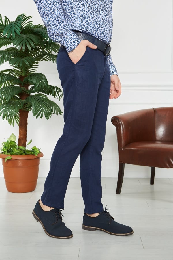 Erkek Düz Lacivert %100 Keten Slim Fit Pantolon — 6