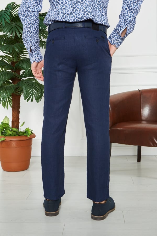 Erkek Düz Lacivert %100 Keten Slim Fit Pantolon — 7