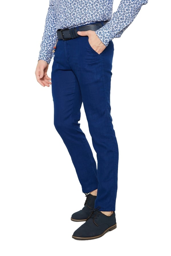 Erkek Düz Sax %100 Keten Slim Fit Pantolon — 1