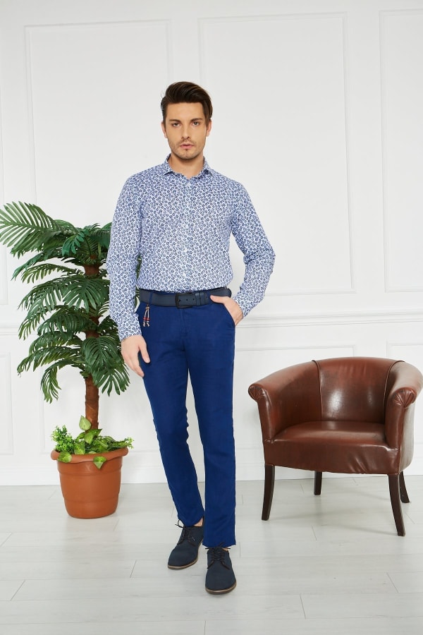 Erkek Düz Sax %100 Keten Slim Fit Pantolon — 2