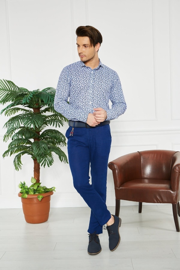 Erkek Düz Sax %100 Keten Slim Fit Pantolon — 3