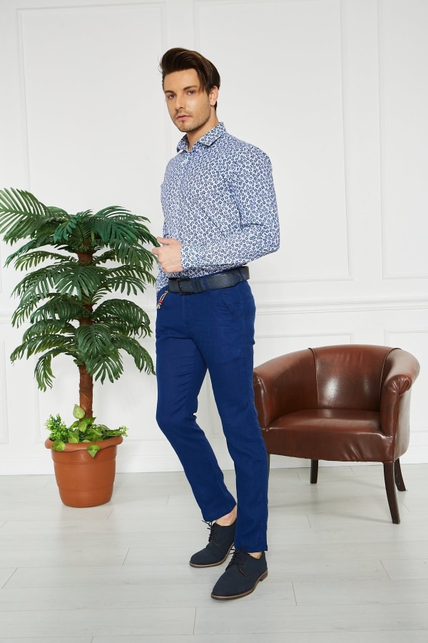 Erkek Düz Sax %100 Keten Slim Fit Pantolon — 4