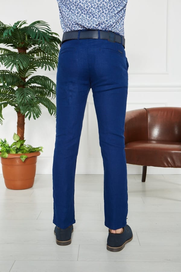 Erkek Düz Sax %100 Keten Slim Fit Pantolon — 6