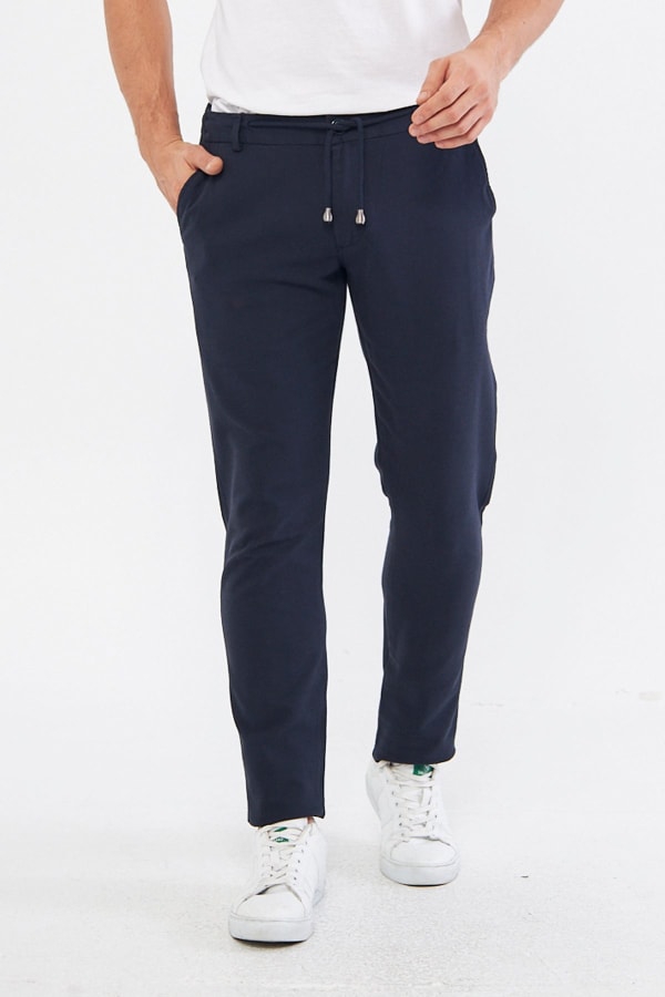 Yazlık Slim Fit Pamuklu Yarım Lastikli Açık Lacivert Erkek Pantolon - Rahatlıkta Şıklık — 1