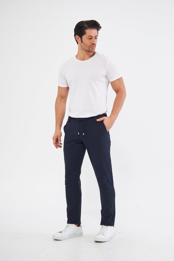 Yazlık Slim Fit Pamuklu Yarım Lastikli Açık Lacivert Erkek Pantolon - Rahatlıkta Şıklık — 2