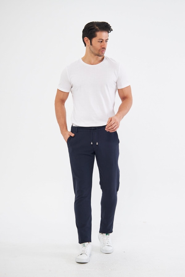 Yazlık Slim Fit Pamuklu Yarım Lastikli Açık Lacivert Erkek Pantolon - Rahatlıkta Şıklık — 3
