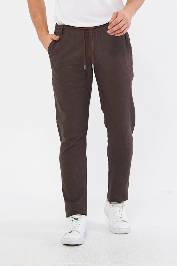 Yazlık Slim Fit Pamuklu Yarım Lastikli Kahverengi Erkek Pantolon - Rahatlıkta Şıklık — 1