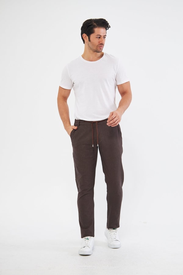 Yazlık Slim Fit Pamuklu Yarım Lastikli Kahverengi Erkek Pantolon - Rahatlıkta Şıklık — 2