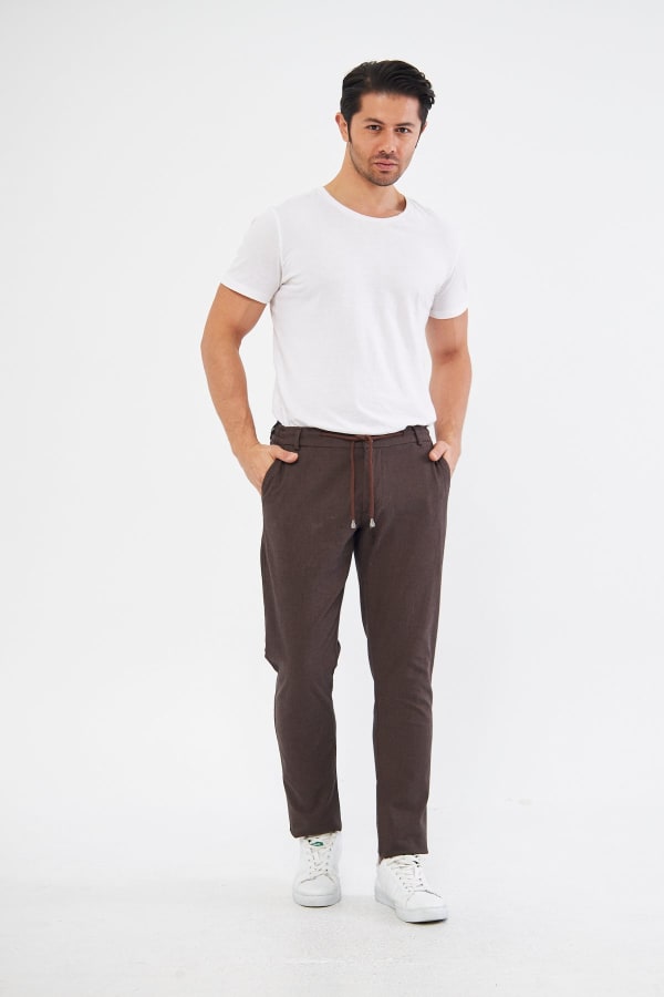 Yazlık Slim Fit Pamuklu Yarım Lastikli Kahverengi Erkek Pantolon - Rahatlıkta Şıklık — 3
