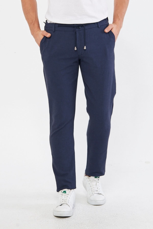 Yazlık Slim Fit Pamuklu Yarım Lastikli Koyu Lacivert Erkek Pantolon - Rahatlıkta Şıklık — 1