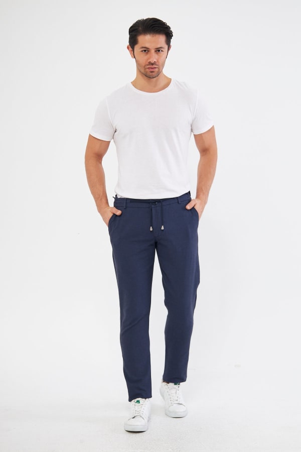 Yazlık Slim Fit Pamuklu Yarım Lastikli Koyu Lacivert Erkek Pantolon - Rahatlıkta Şıklık — 2