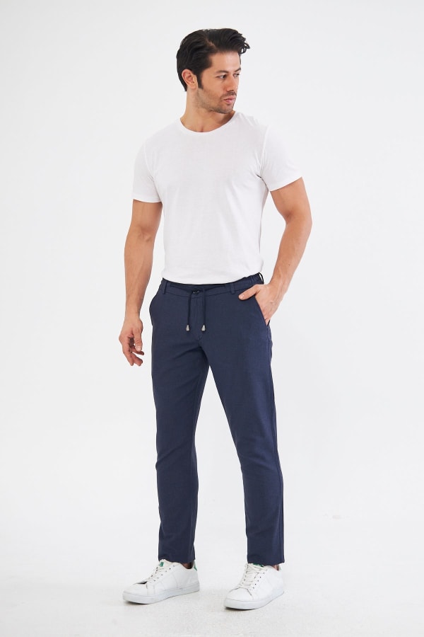 Yazlık Slim Fit Pamuklu Yarım Lastikli Koyu Lacivert Erkek Pantolon - Rahatlıkta Şıklık — 3