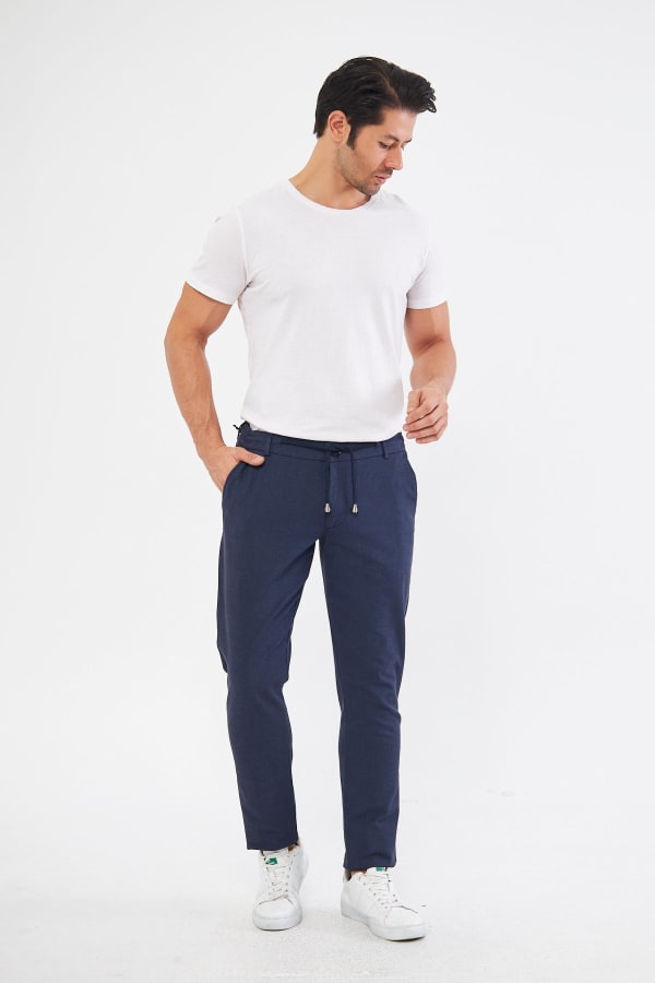 Yazlık Slim Fit Pamuklu Yarım Lastikli Koyu Lacivert Erkek Pantolon - Rahatlıkta Şıklık — 4