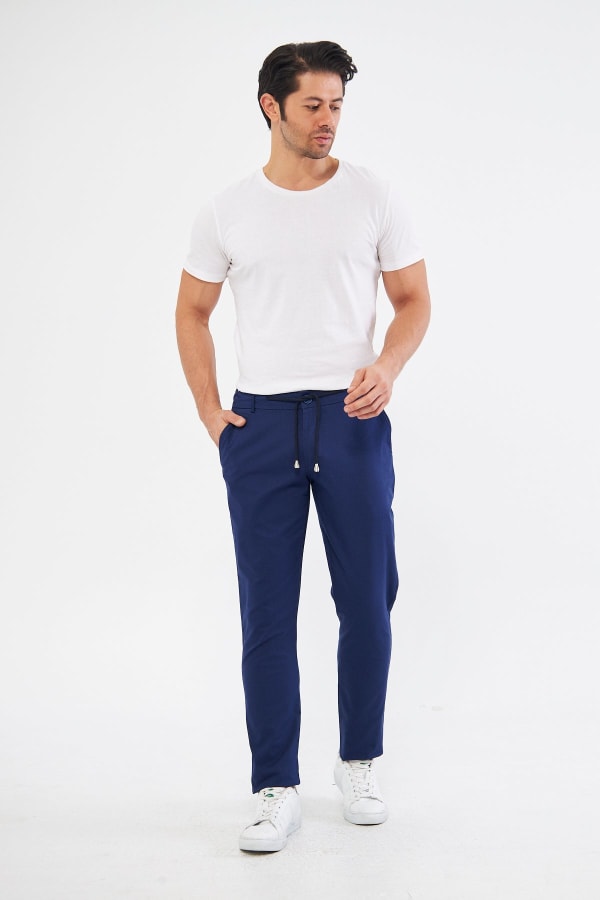 Ara Mevsimlik Slim Fit Pamuklu Beli Yarım Lastikli Açık Lacivert Erkek Pantolon - Rahatlıkta Şıklık — 2