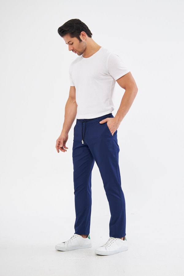 Ara Mevsimlik Slim Fit Pamuklu Beli Yarım Lastikli Açık Lacivert Erkek Pantolon - Rahatlıkta Şıklık — 3