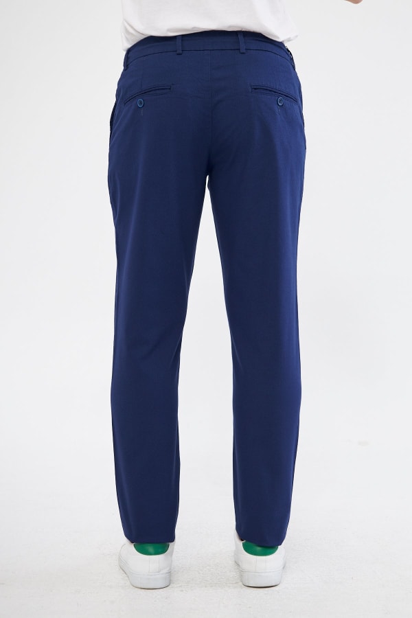 Ara Mevsimlik Slim Fit Pamuklu Beli Yarım Lastikli Açık Lacivert Erkek Pantolon - Rahatlıkta Şıklık — 4