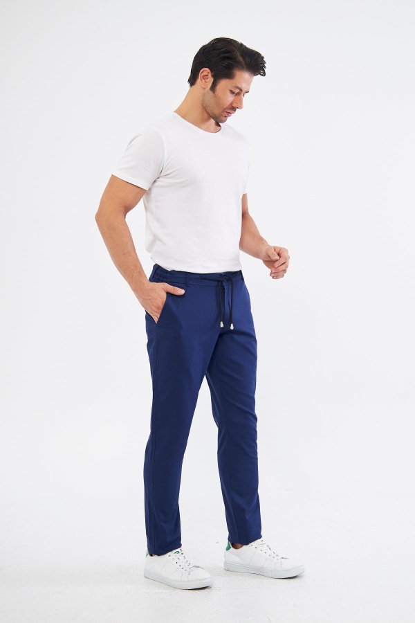 Ara Mevsimlik Slim Fit Pamuklu Beli Yarım Lastikli Açık Lacivert Erkek Pantolon - Rahatlıkta Şıklık — 8