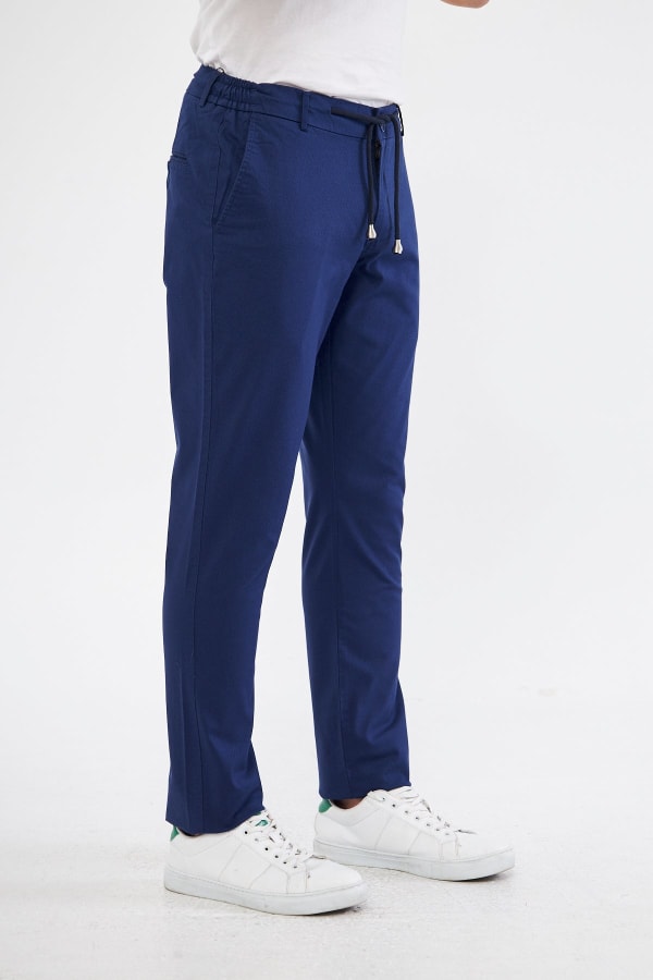 Ara Mevsimlik Slim Fit Pamuklu Beli Yarım Lastikli Açık Lacivert Erkek Pantolon - Rahatlıkta Şıklık — 11