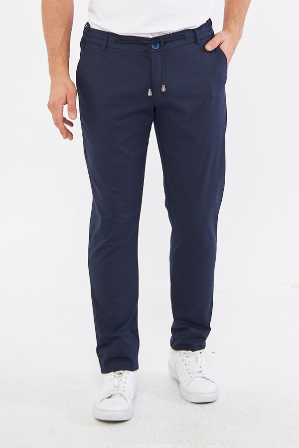Ara Mevsimlik Slim Fit Pamuklu Beli Yarım Lastikli Koyu Lacivert Erkek Pantolon - Rahatlıkta Şıklık — 1