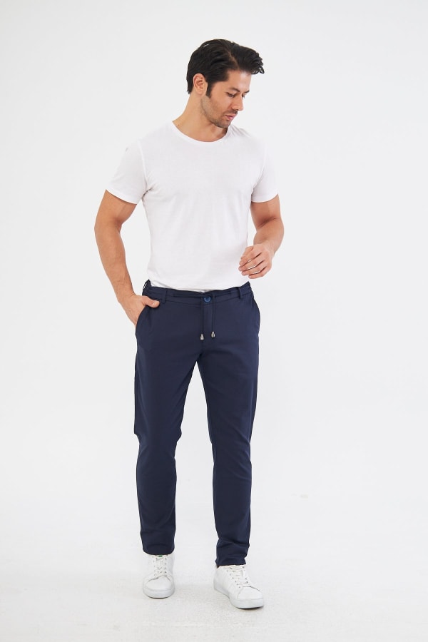 Ara Mevsimlik Slim Fit Pamuklu Beli Yarım Lastikli Koyu Lacivert Erkek Pantolon - Rahatlıkta Şıklık — 2