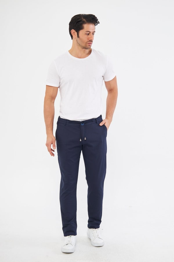 Ara Mevsimlik Slim Fit Pamuklu Beli Yarım Lastikli Koyu Lacivert Erkek Pantolon - Rahatlıkta Şıklık — 3