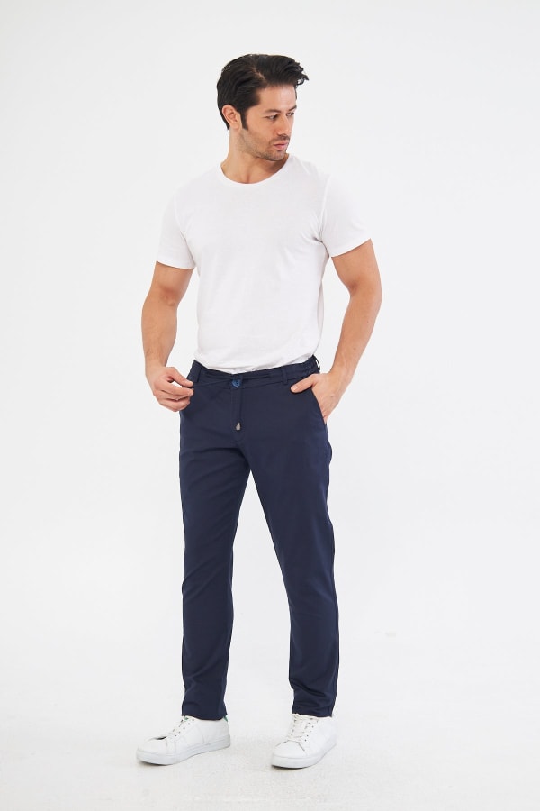 Ara Mevsimlik Slim Fit Pamuklu Beli Yarım Lastikli Koyu Lacivert Erkek Pantolon - Rahatlıkta Şıklık — 4