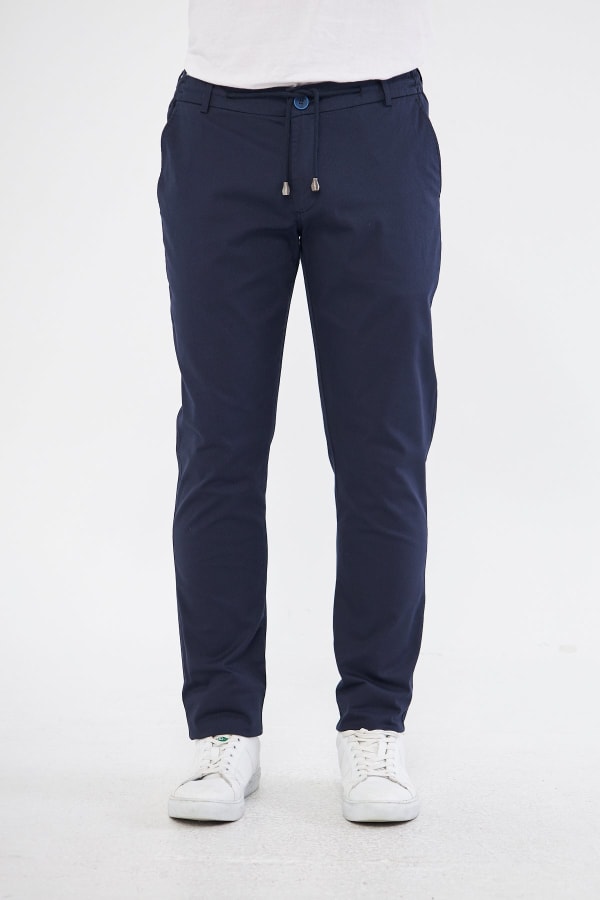 Ara Mevsimlik Slim Fit Pamuklu Beli Yarım Lastikli Koyu Lacivert Erkek Pantolon - Rahatlıkta Şıklık — 5