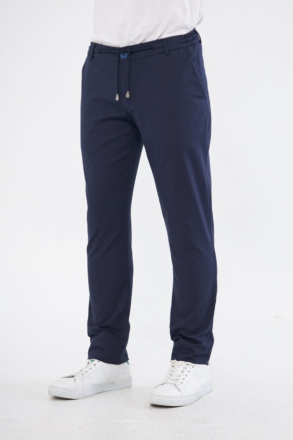 Ara Mevsimlik Slim Fit Pamuklu Beli Yarım Lastikli Koyu Lacivert Erkek Pantolon - Rahatlıkta Şıklık — 6