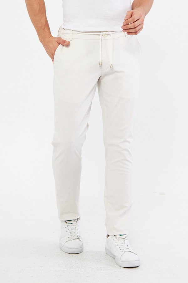 Ara Mevsimlik Slim Fit Pamuklu Beli Yarım Lastikli Krem Erkek Pantolon - Rahatlıkta Şıklık — 1