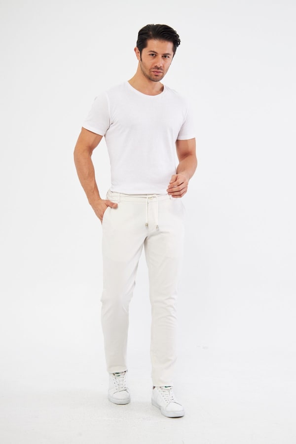Ara Mevsimlik Slim Fit Pamuklu Beli Yarım Lastikli Krem Erkek Pantolon - Rahatlıkta Şıklık — 2