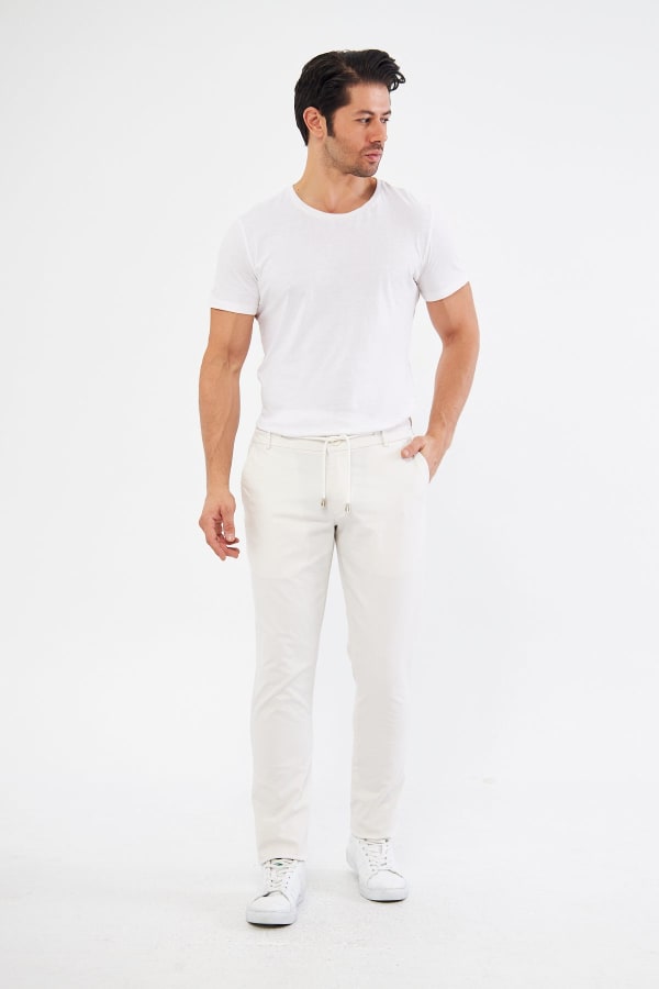 Ara Mevsimlik Slim Fit Pamuklu Beli Yarım Lastikli Krem Erkek Pantolon - Rahatlıkta Şıklık — 3