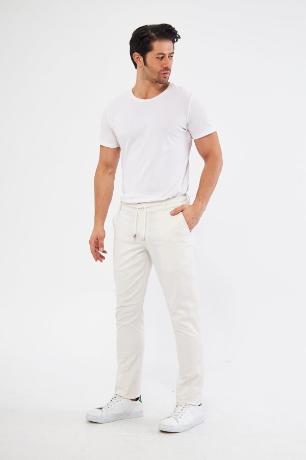 Ara Mevsimlik Slim Fit Pamuklu Beli Yarım Lastikli Krem Erkek Pantolon - Rahatlıkta Şıklık — 4
