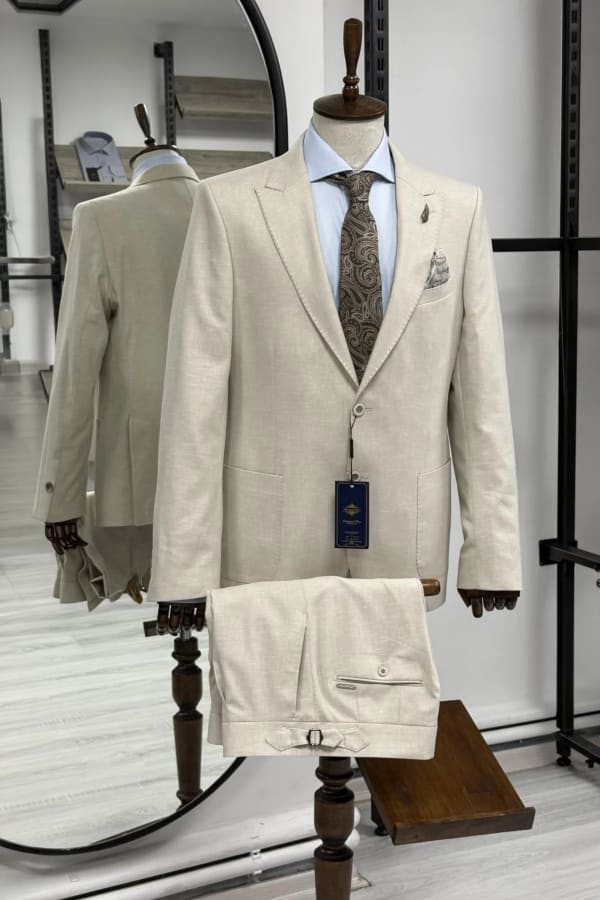 Bej %100 Keten Sivri Yaka Slim Fit 2'li Takım Elbise (Ceket + Pantolon) — 1