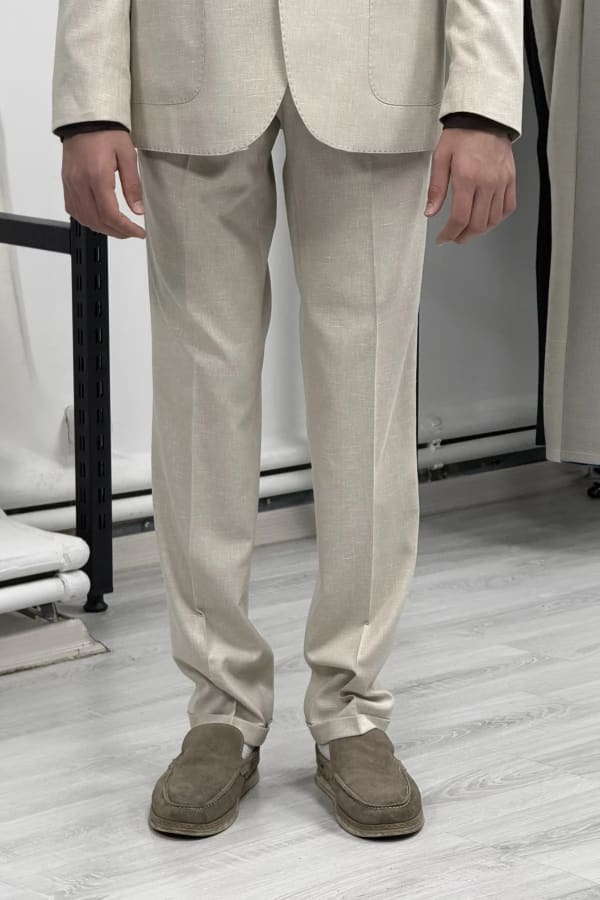 Bej %100 Keten Sivri Yaka Slim Fit 2'li Takım Elbise (Ceket + Pantolon) — 8