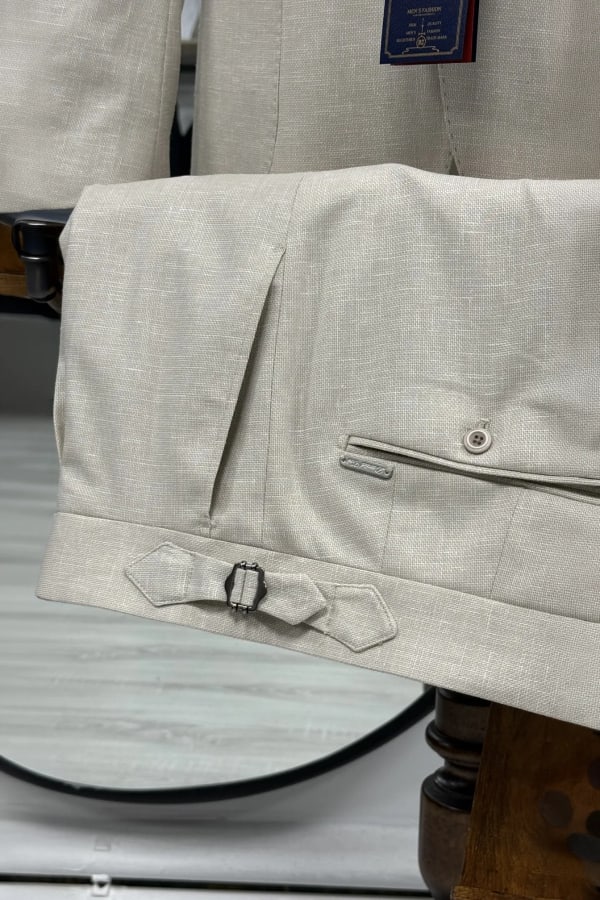 Bej %100 Keten Sivri Yaka Slim Fit 2'li Takım Elbise (Ceket + Pantolon) — 7