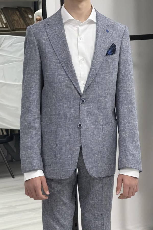 Gri %100 Keten Sivri Yaka Slim Fit 2'li Takım Elbise (Ceket + Pantolon) — 2