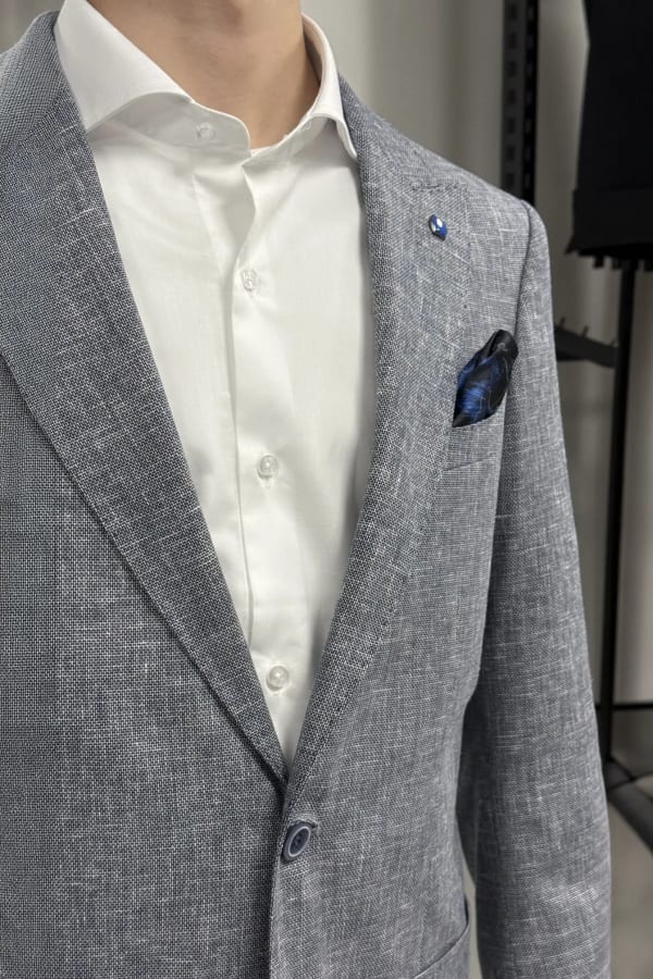 Gri %100 Keten Sivri Yaka Slim Fit 2'li Takım Elbise (Ceket + Pantolon) — 4